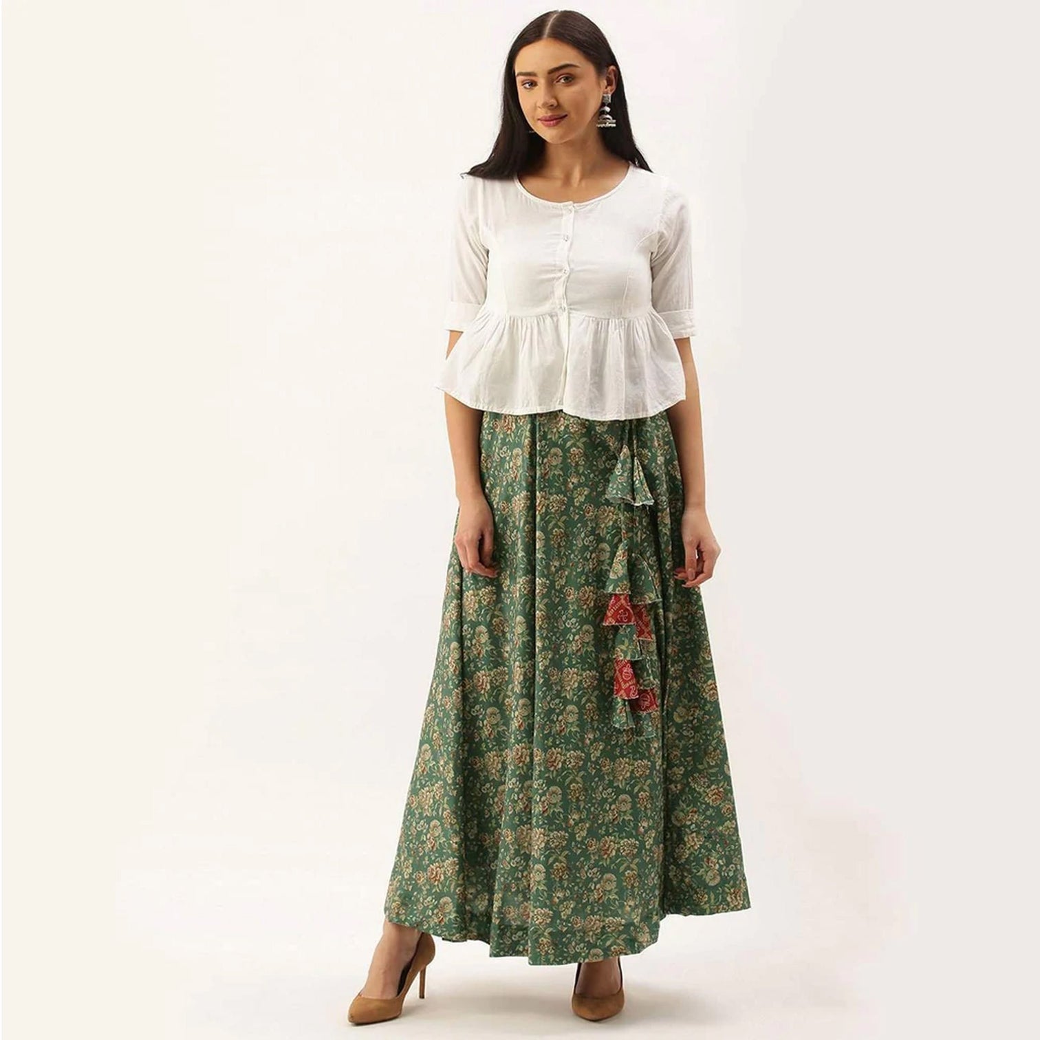 Green Color Digital Print Skirt