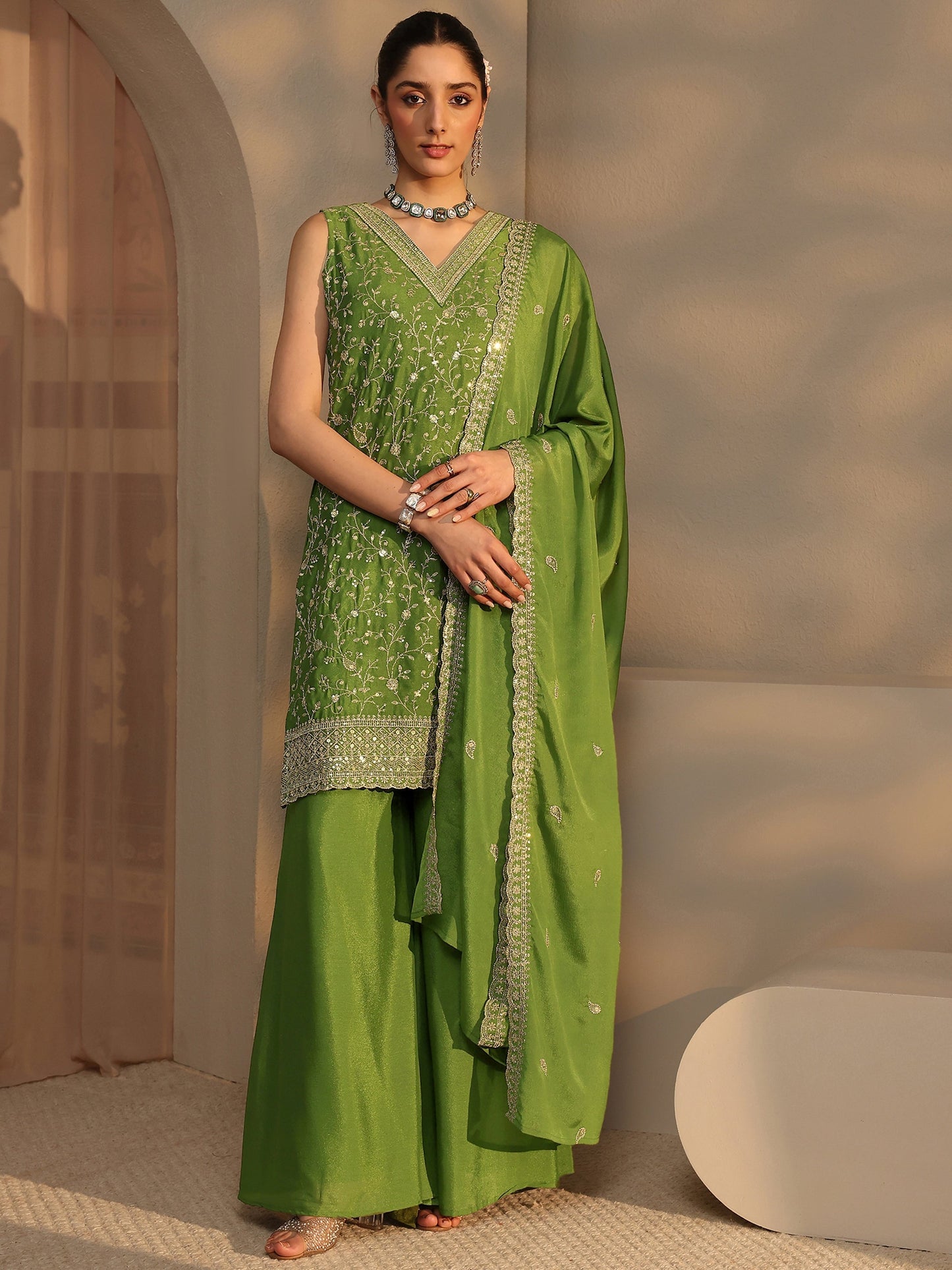 Libas Green Embellished Chinon Palazzo Suit Set With Dupatta