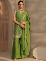 Libas Green Embellished Chinon Palazzo Suit Set With Dupatta