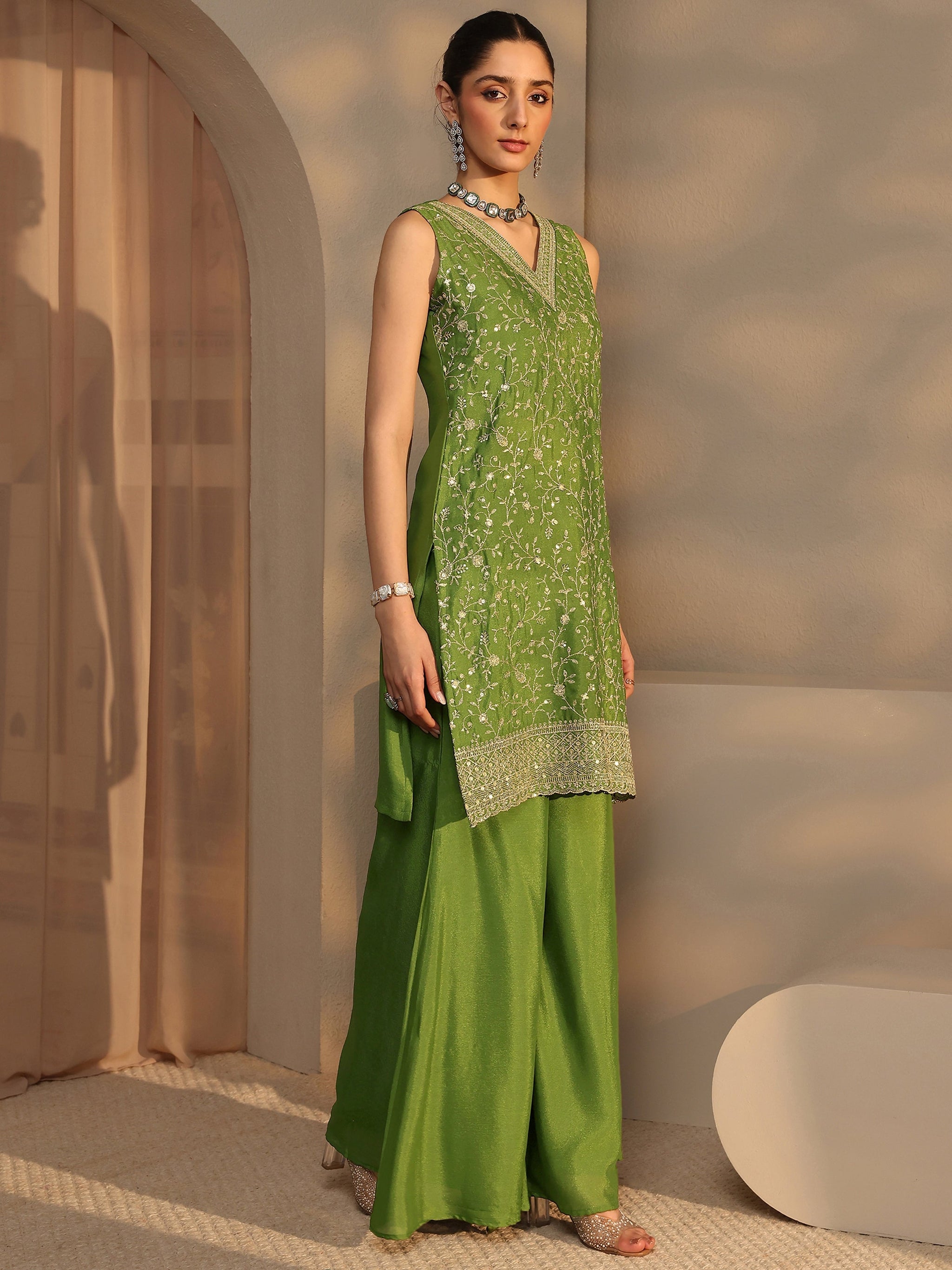 Libas Green Embellished Chinon Palazzo Suit Set With Dupatta