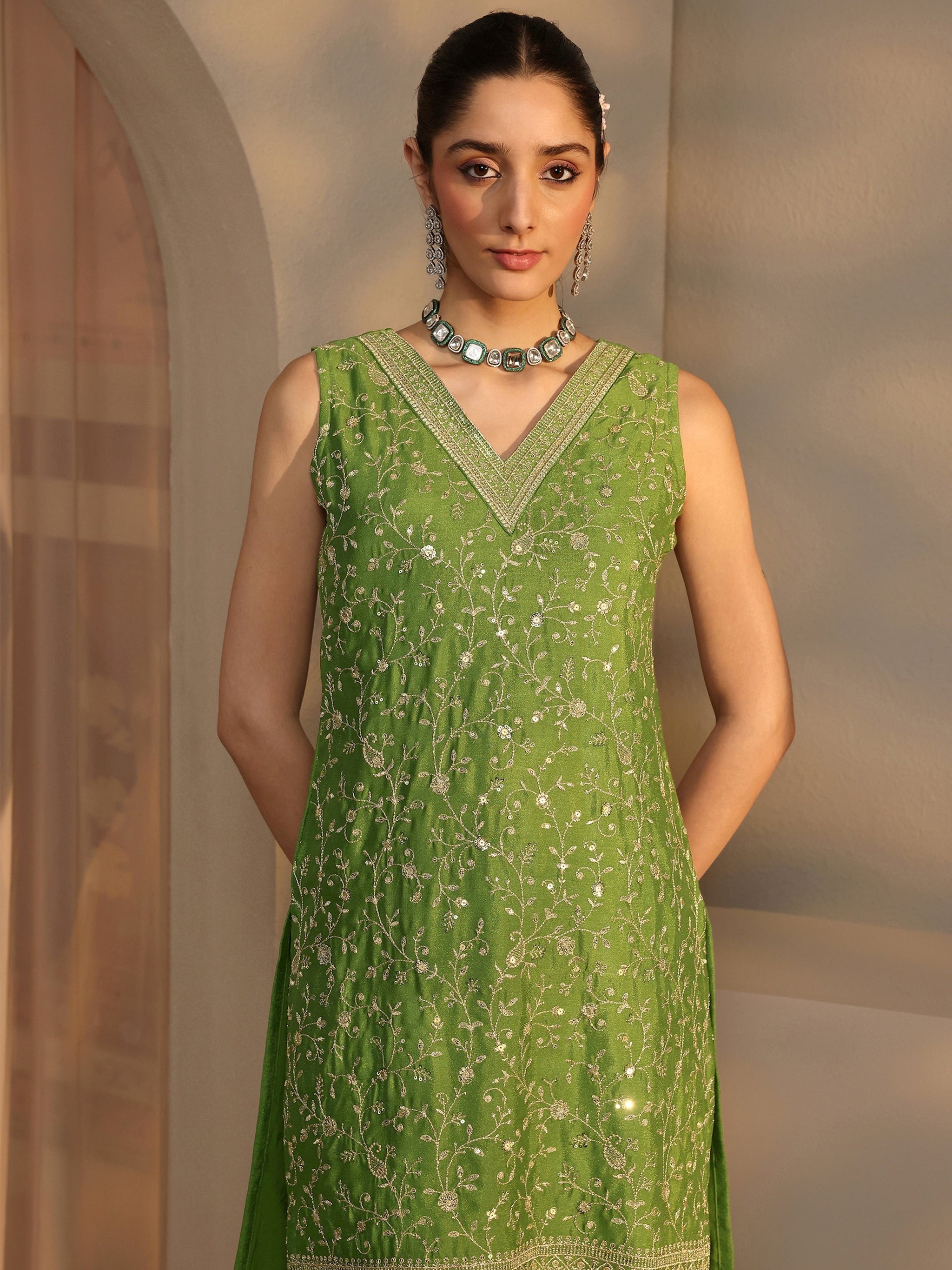 Libas Green Embellished Chinon Palazzo Suit Set With Dupatta