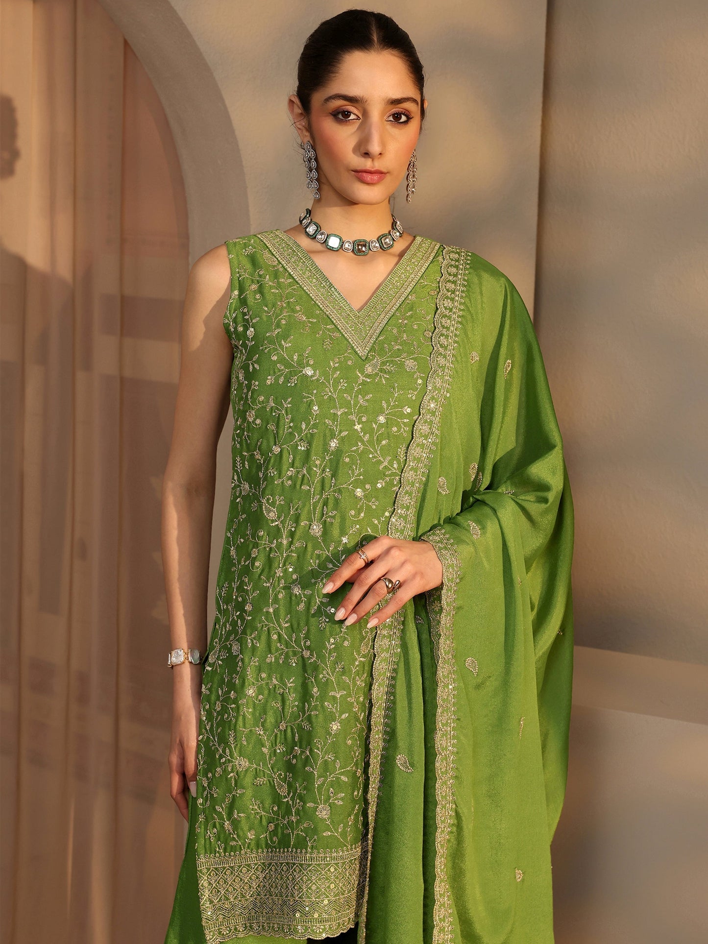 Libas Green Embellished Chinon Palazzo Suit Set With Dupatta