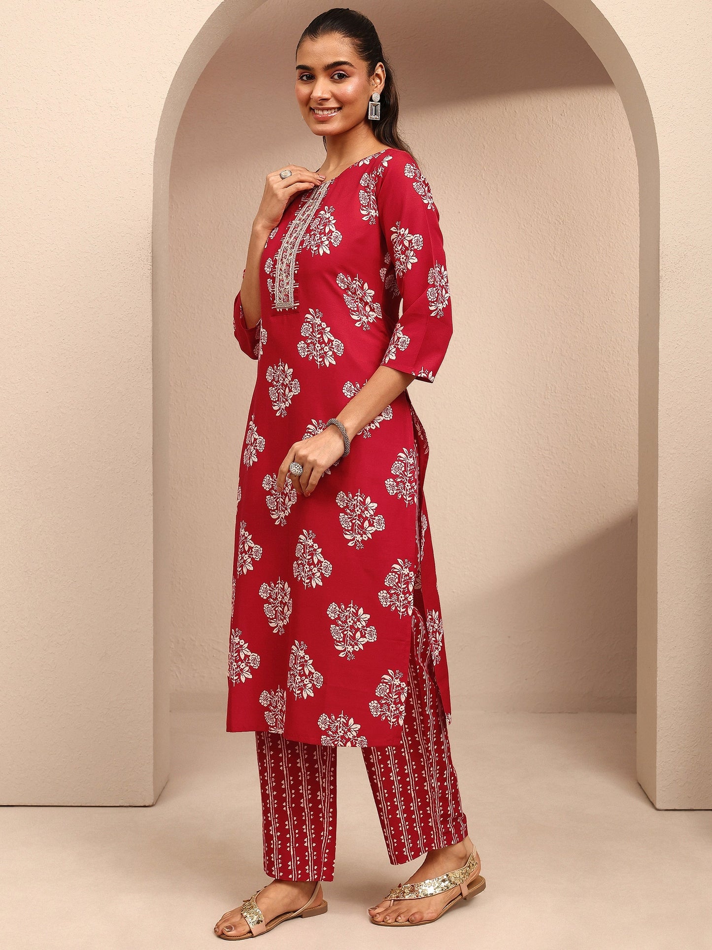 Red Printed Cotton Blend Straight Suit Set With Dupatta