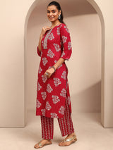 Red Printed Cotton Blend Straight Suit Set With Dupatta