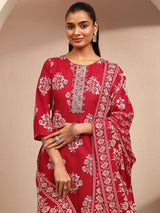 Red Printed Cotton Blend Straight Suit Set With Dupatta