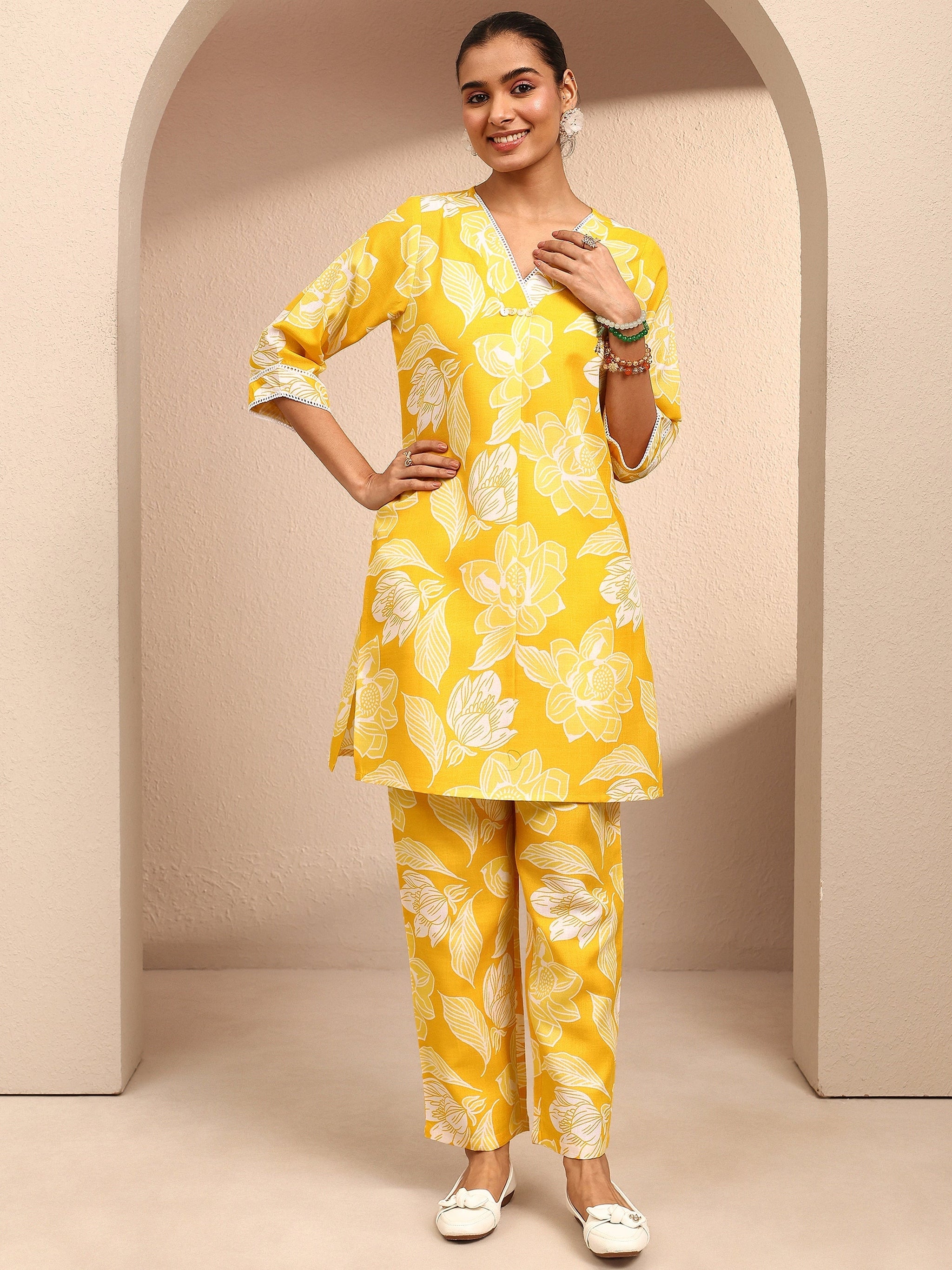 Yellow Printed Cotton Blend Co-Ord Set