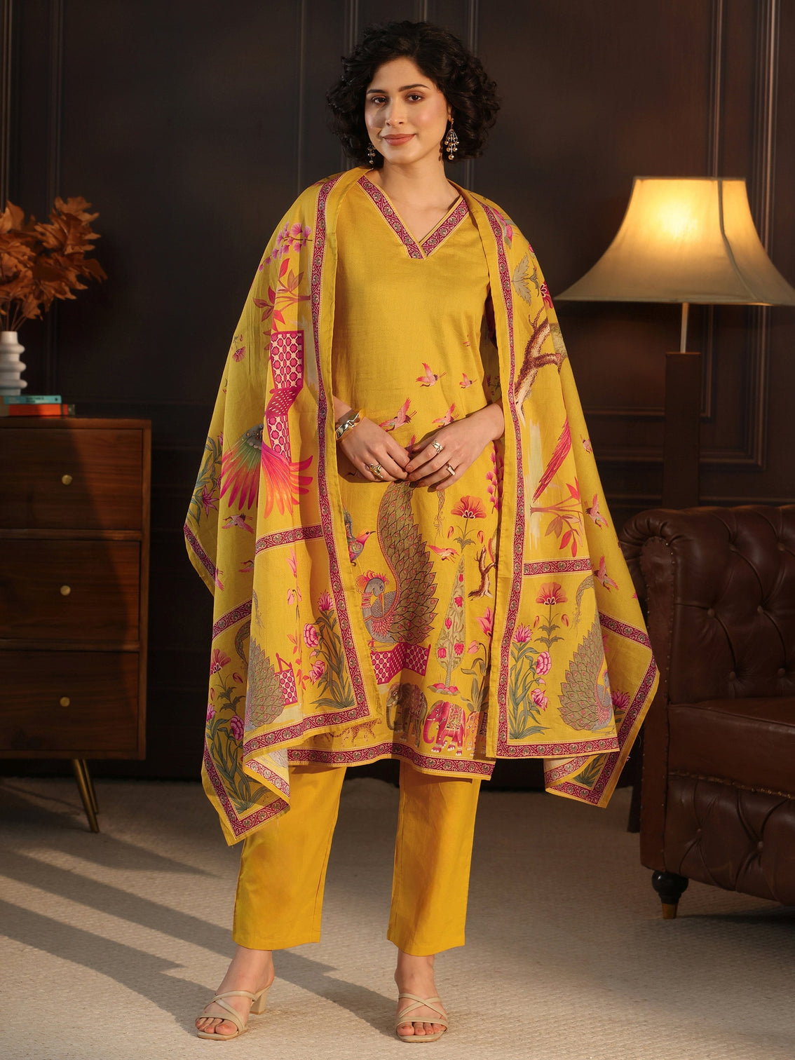 Mameraa Mustard Tribal Printed Cotton Straight Suit Set