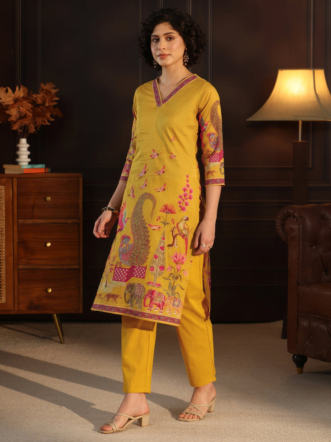 Mameraa Mustard Tribal Printed Cotton Straight Suit Set
