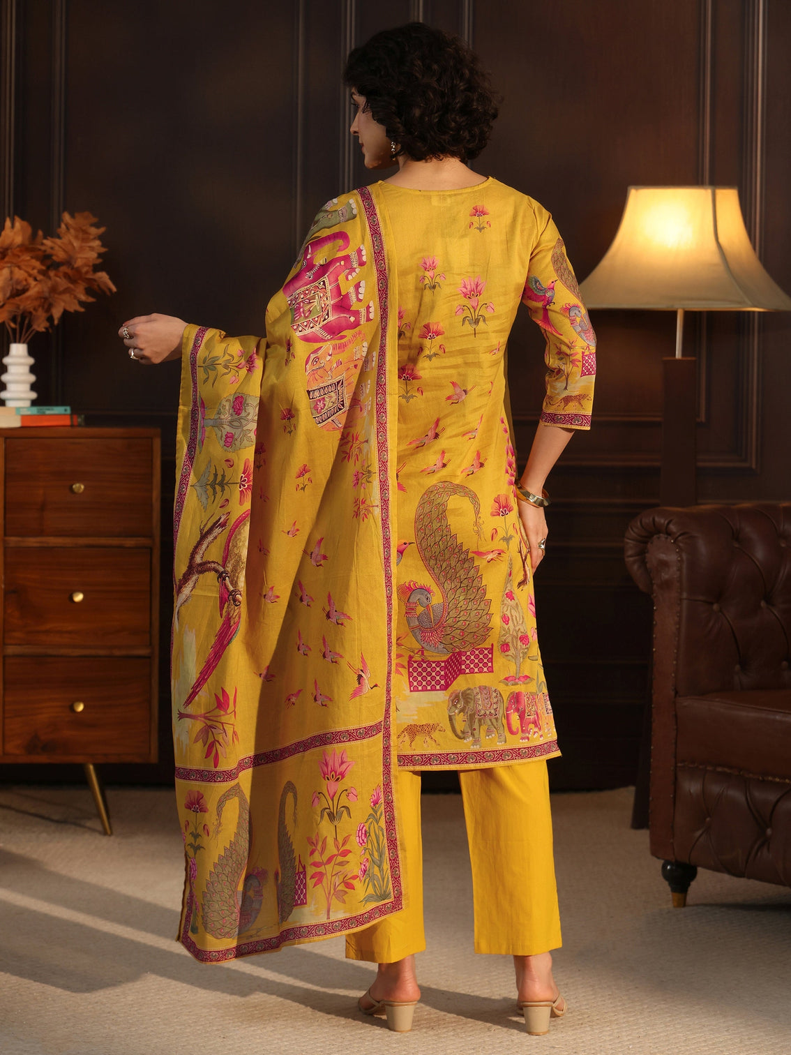 Mameraa Mustard Tribal Printed Cotton Straight Suit Set