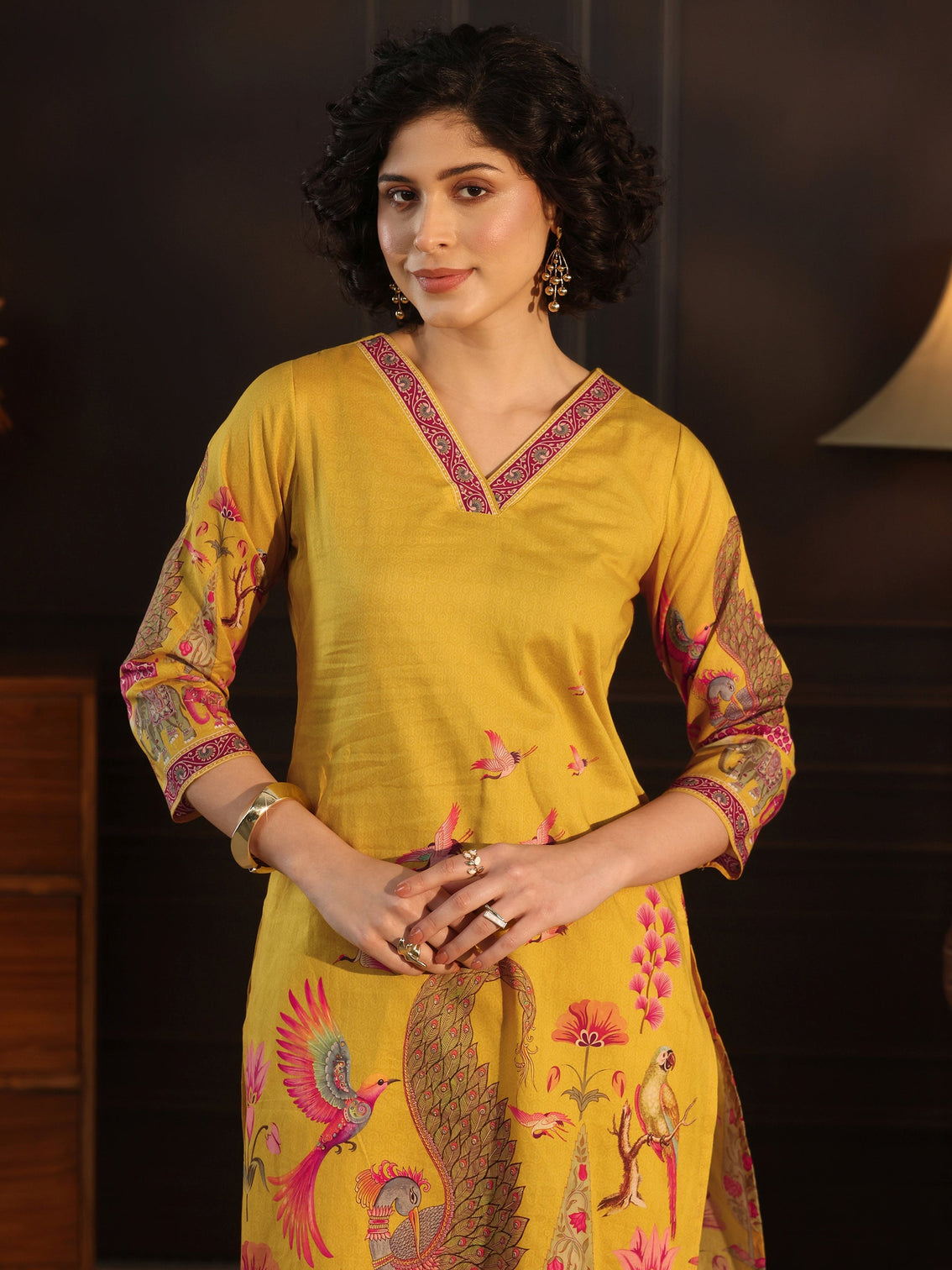 Mameraa Mustard Tribal Printed Cotton Straight Suit Set