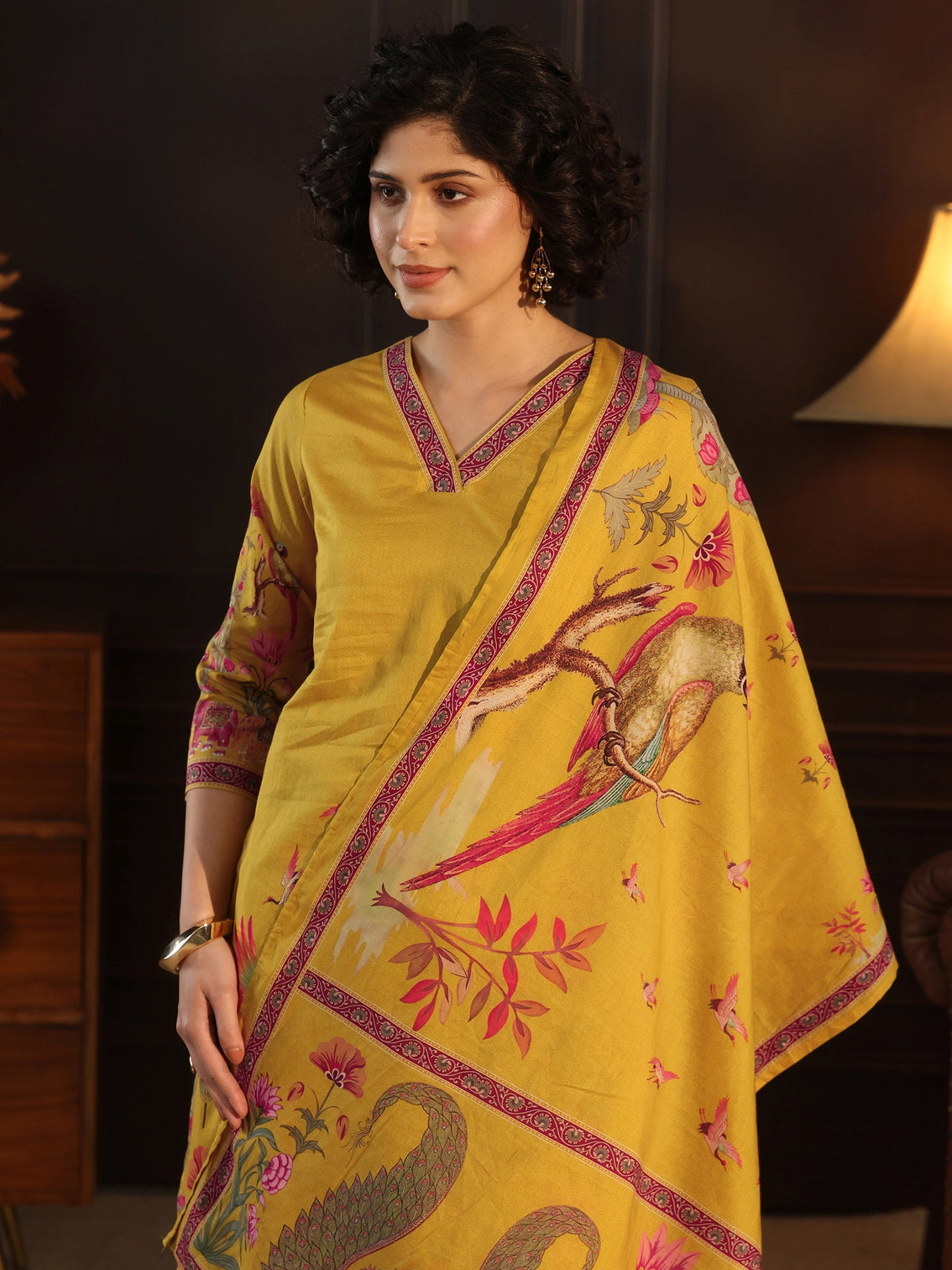 Mameraa Mustard Tribal Printed Cotton Straight Suit Set