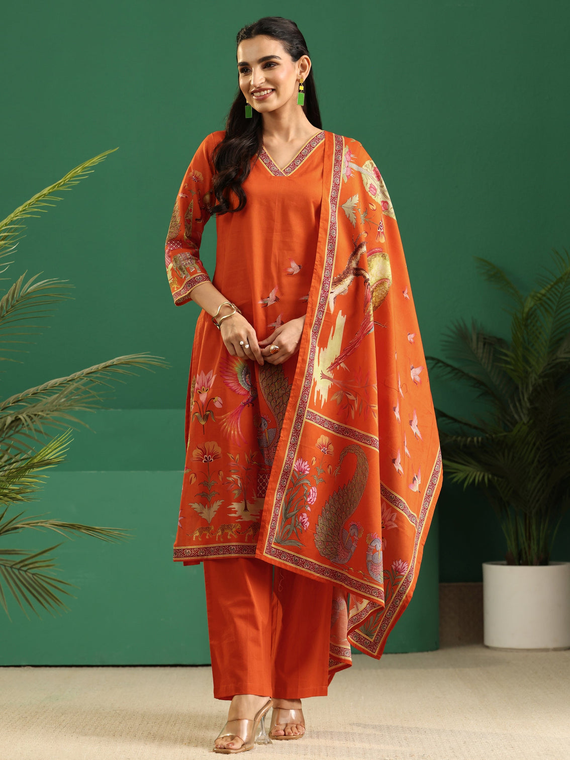 Mameraa Orange Heritage Print Cotton Straight Suit Set