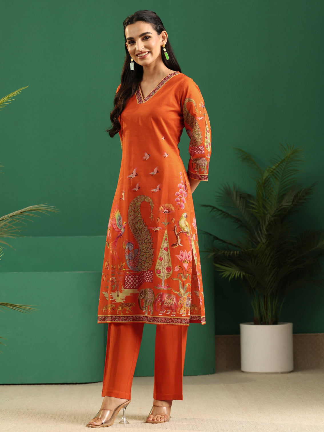 Mameraa Orange Heritage Print Cotton Straight Suit Set