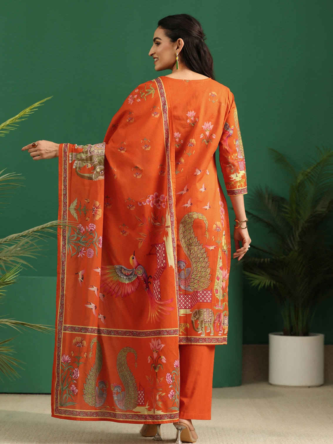 Mameraa Orange Heritage Print Cotton Straight Suit Set
