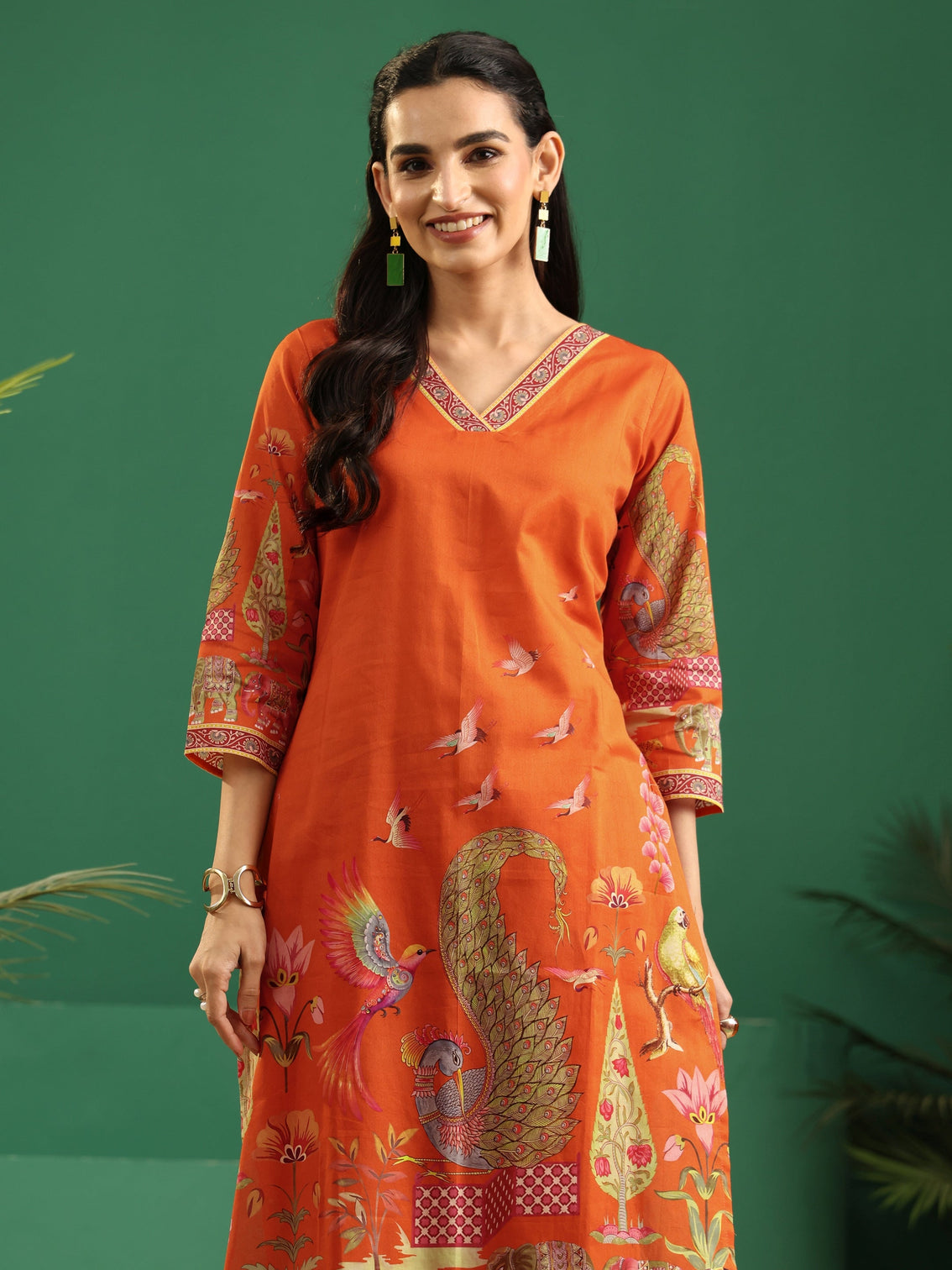 Mameraa Orange Heritage Print Cotton Straight Suit Set