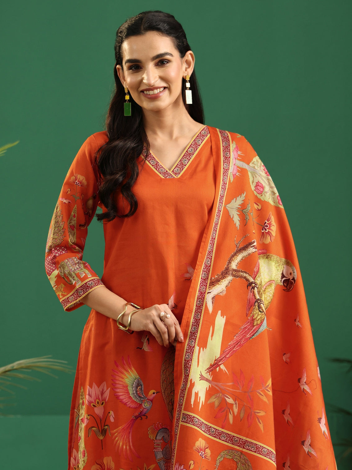 Mameraa Orange Heritage Print Cotton Straight Suit Set