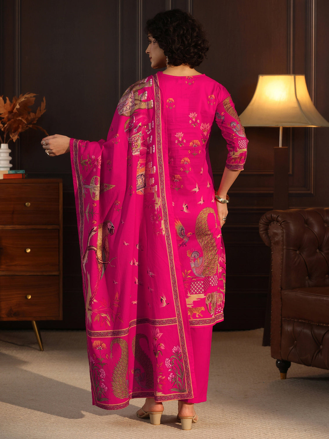 Mameraa Magenta Pink Tribal Printed Cotton Straight Suit Set