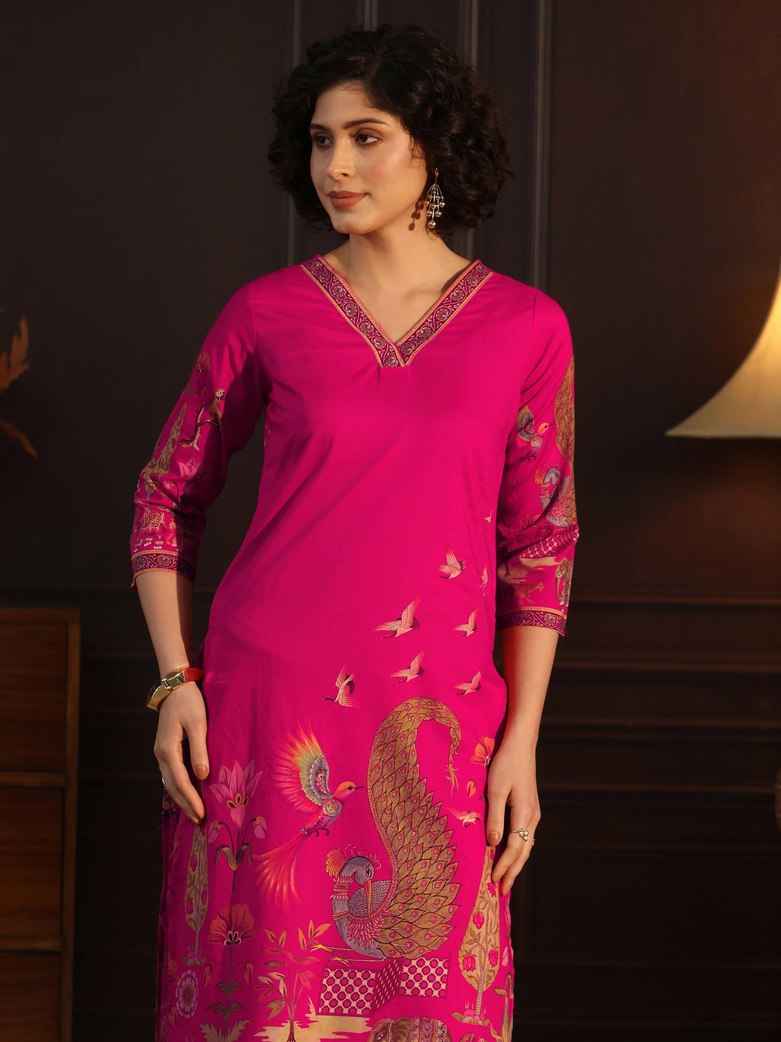 Mameraa Magenta Pink Tribal Printed Cotton Straight Suit Set