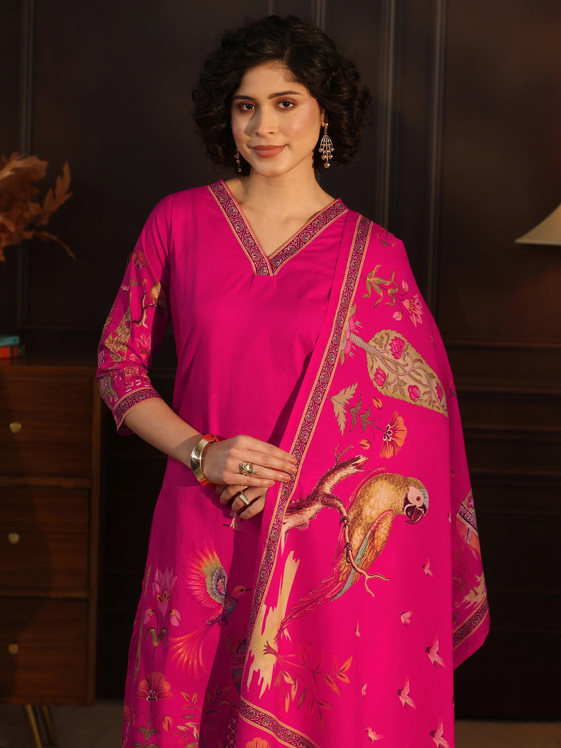 Mameraa Magenta Pink Tribal Printed Cotton Straight Suit Set