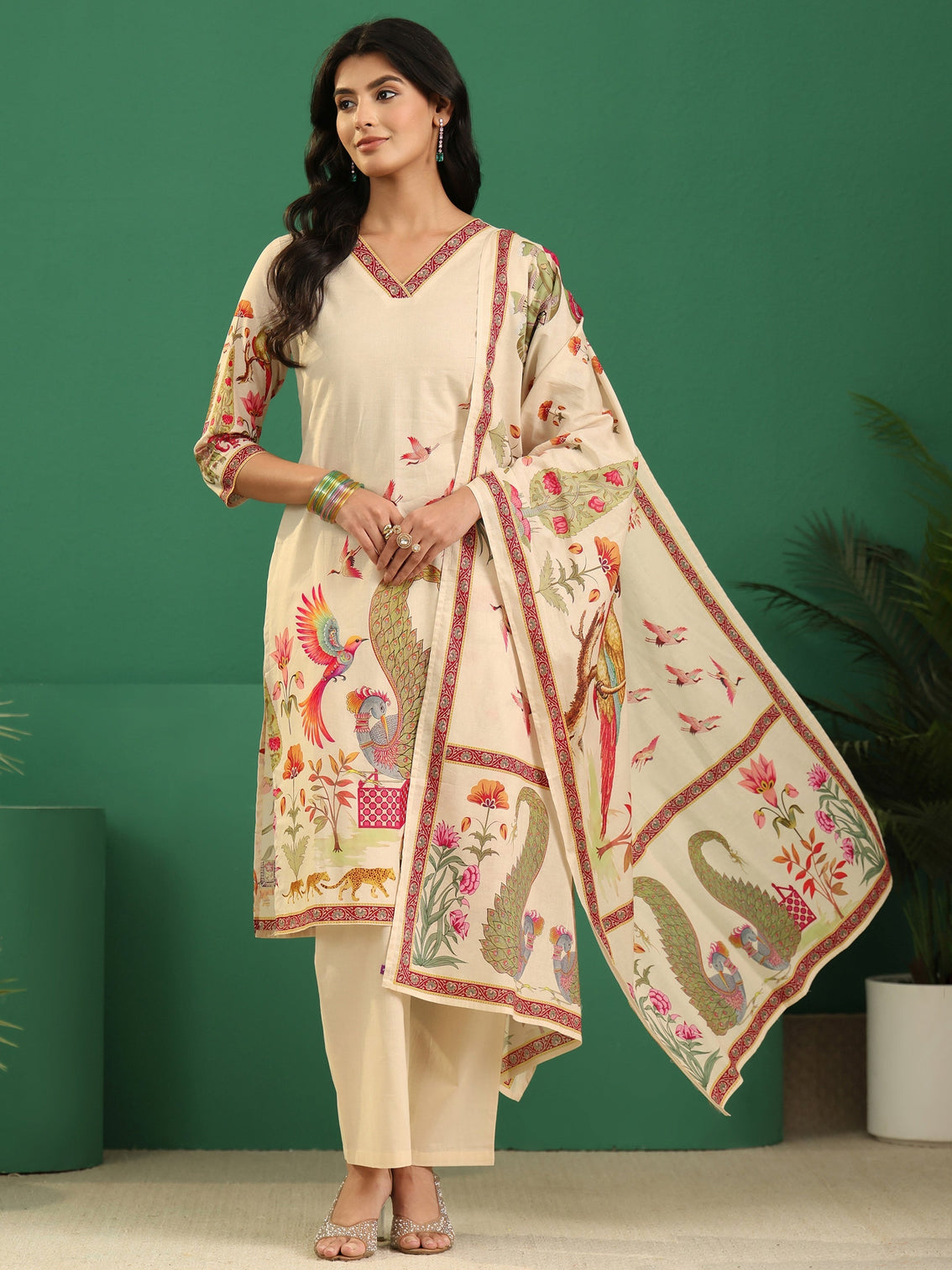 Mameraa Cream Heritage Print Cotton Straight Suit Set