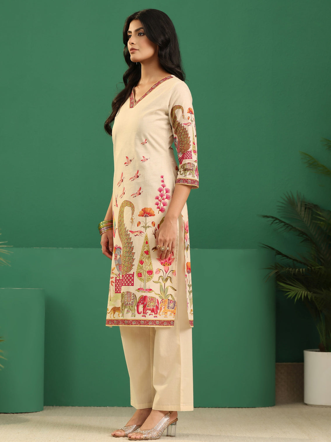 Mameraa Cream Heritage Print Cotton Straight Suit Set