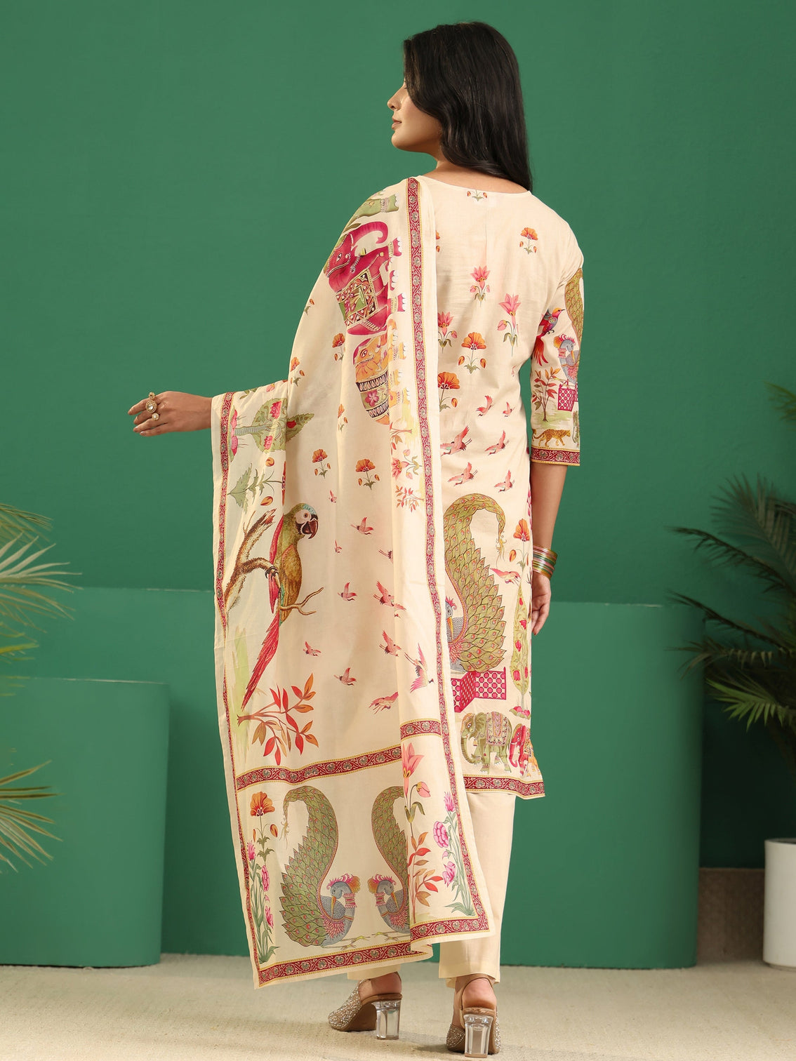 Mameraa Cream Heritage Print Cotton Straight Suit Set