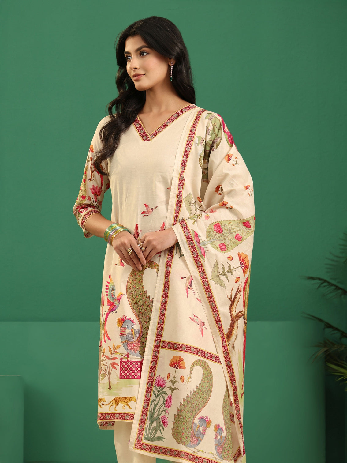 Mameraa Cream Heritage Print Cotton Straight Suit Set