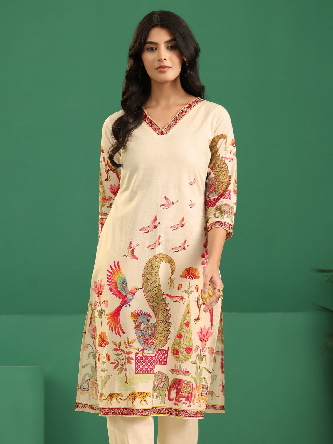Mameraa Cream Heritage Print Cotton Straight Suit Set