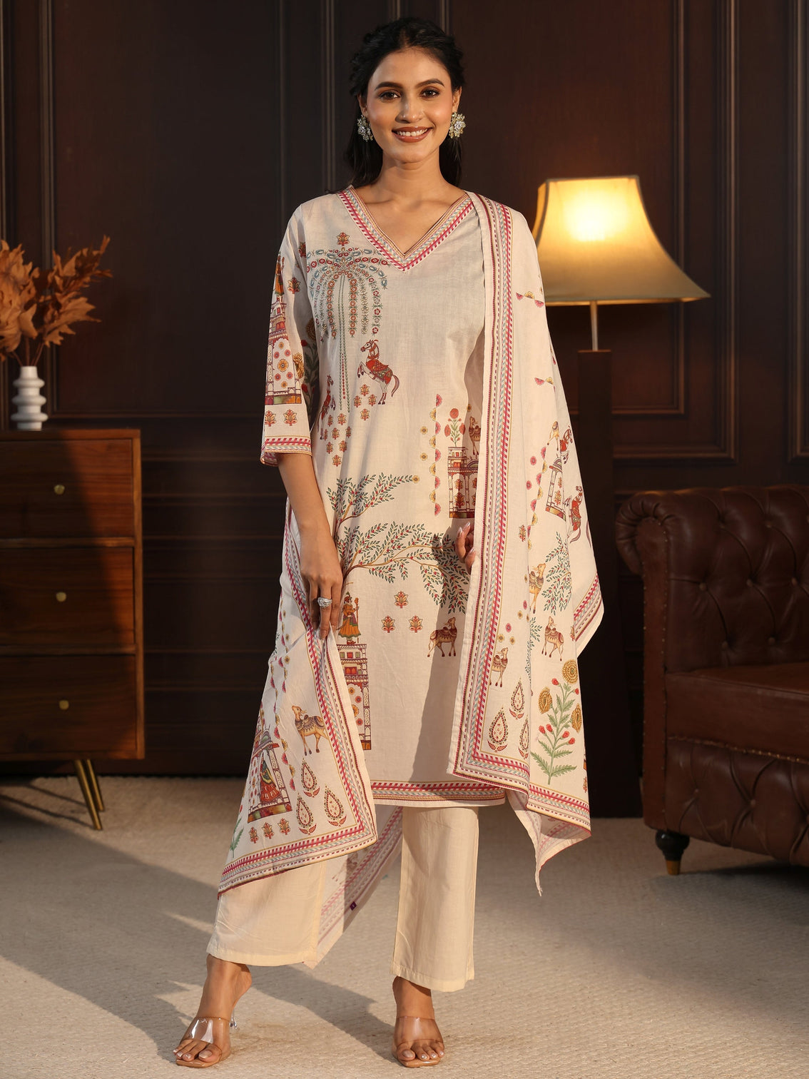 Mameraa Cream Pichwai Print Cotton Straight Suit Set