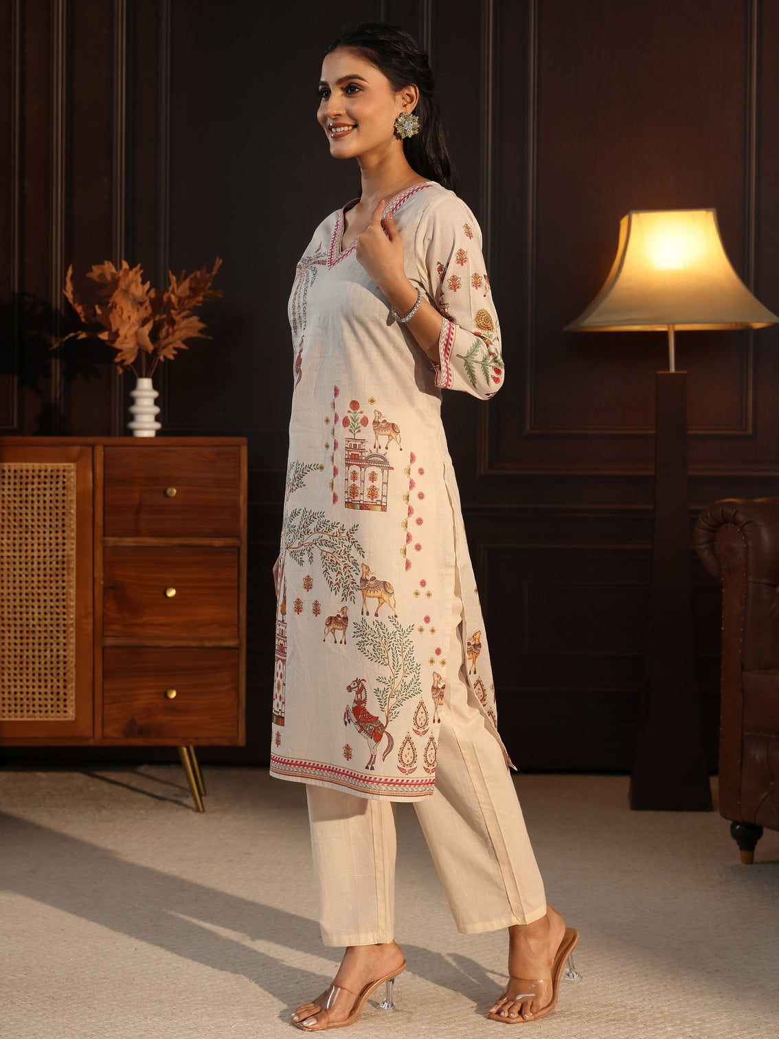 Mameraa Cream Pichwai Print Cotton Straight Suit Set