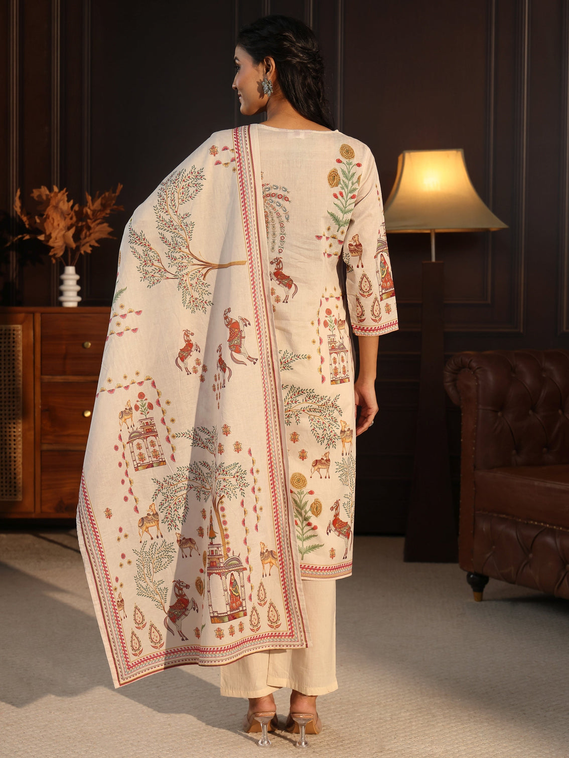Mameraa Cream Pichwai Print Cotton Straight Suit Set
