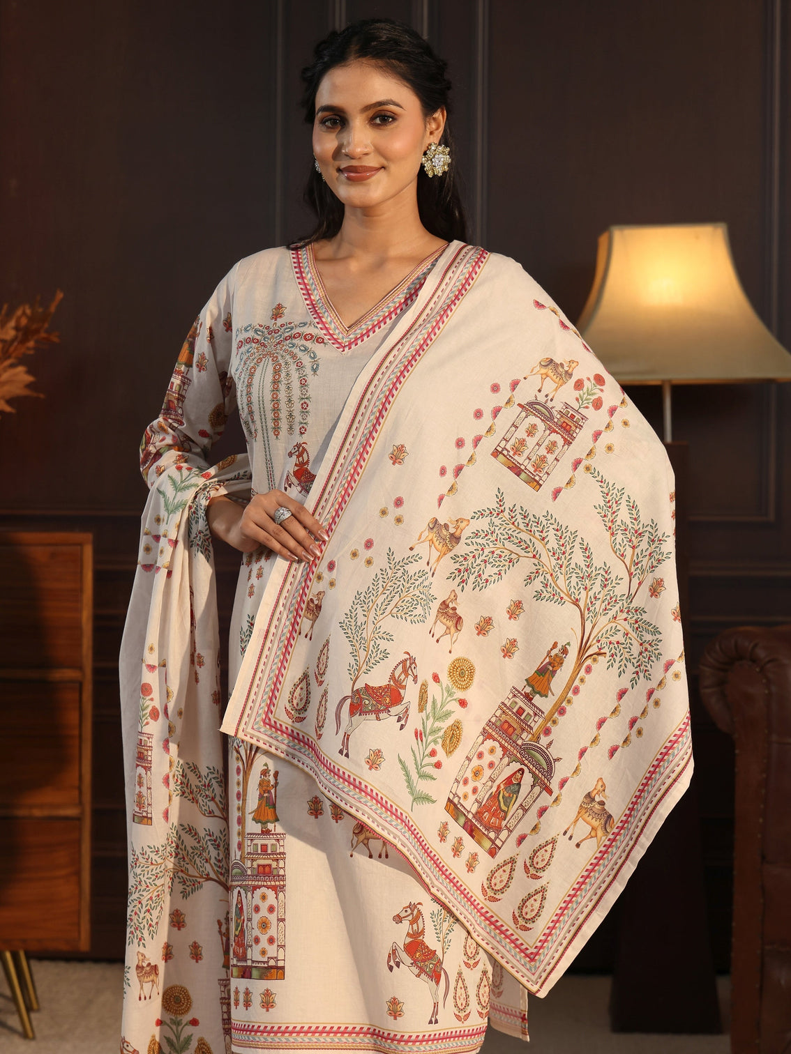 Mameraa Cream Pichwai Print Cotton Straight Suit Set