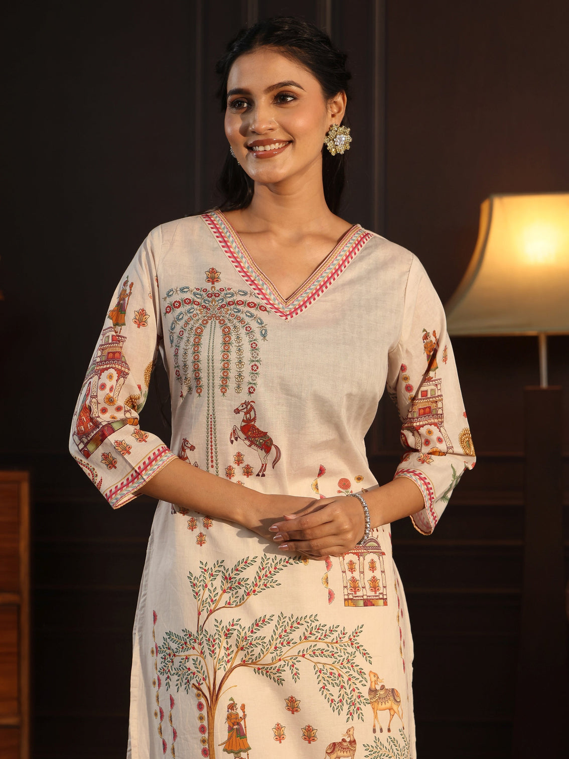 Mameraa Cream Pichwai Print Cotton Straight Suit Set