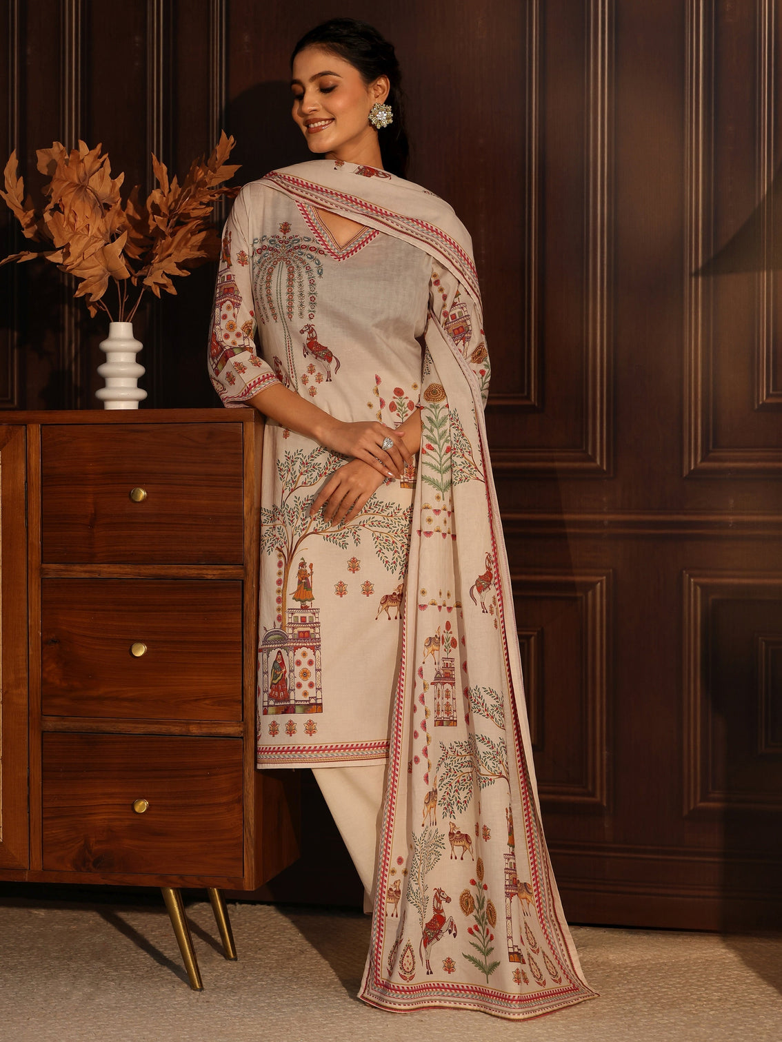 Mameraa Cream Pichwai Print Cotton Straight Suit Set