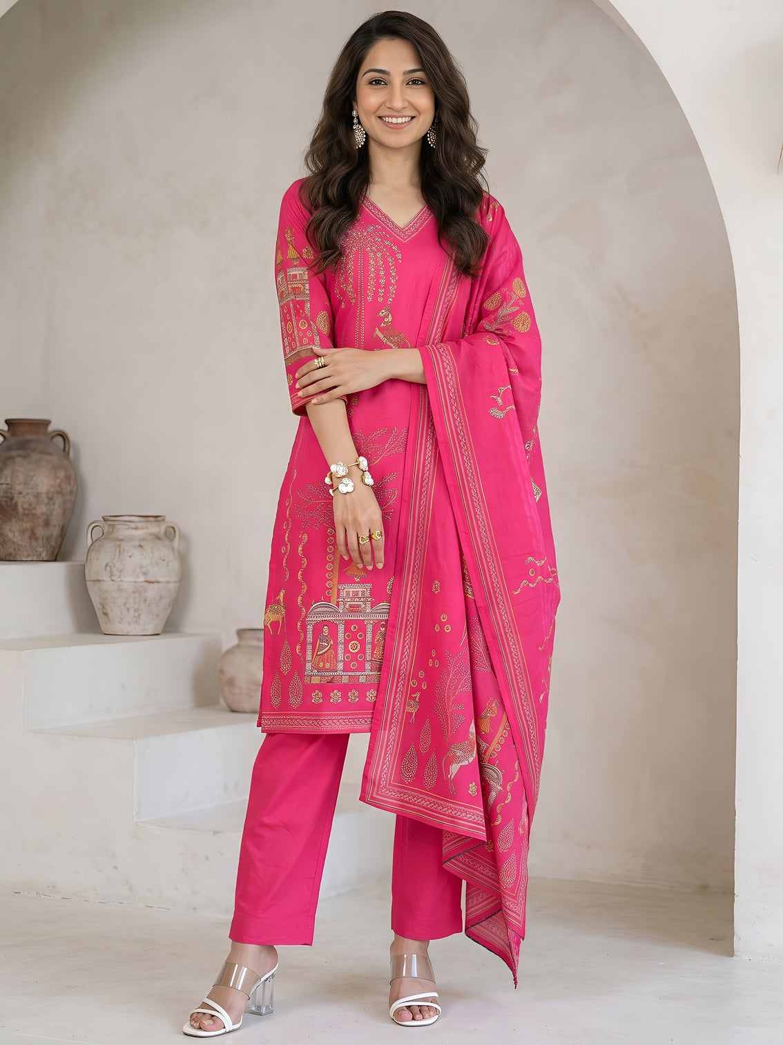Mameraa Fuchsia Pink Tribal Printed Cotton Straight Suit Set
