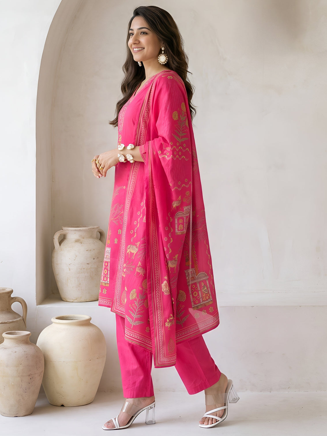 Mameraa Fuchsia Pink Tribal Printed Cotton Straight Suit Set