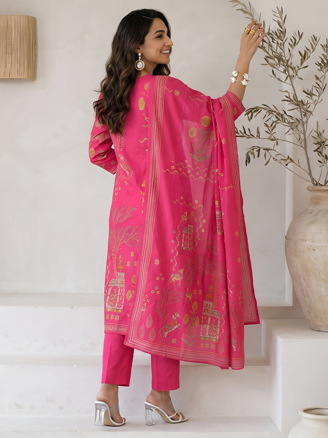 Mameraa Fuchsia Pink Tribal Printed Cotton Straight Suit Set