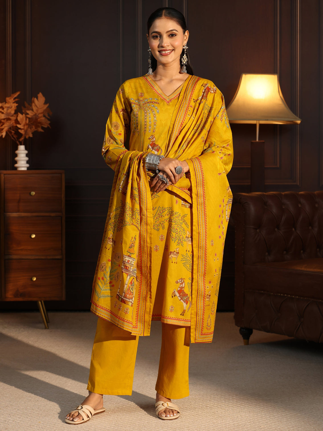 Mameraa Mustard Tribal Printed Cotton Straight Suit Set