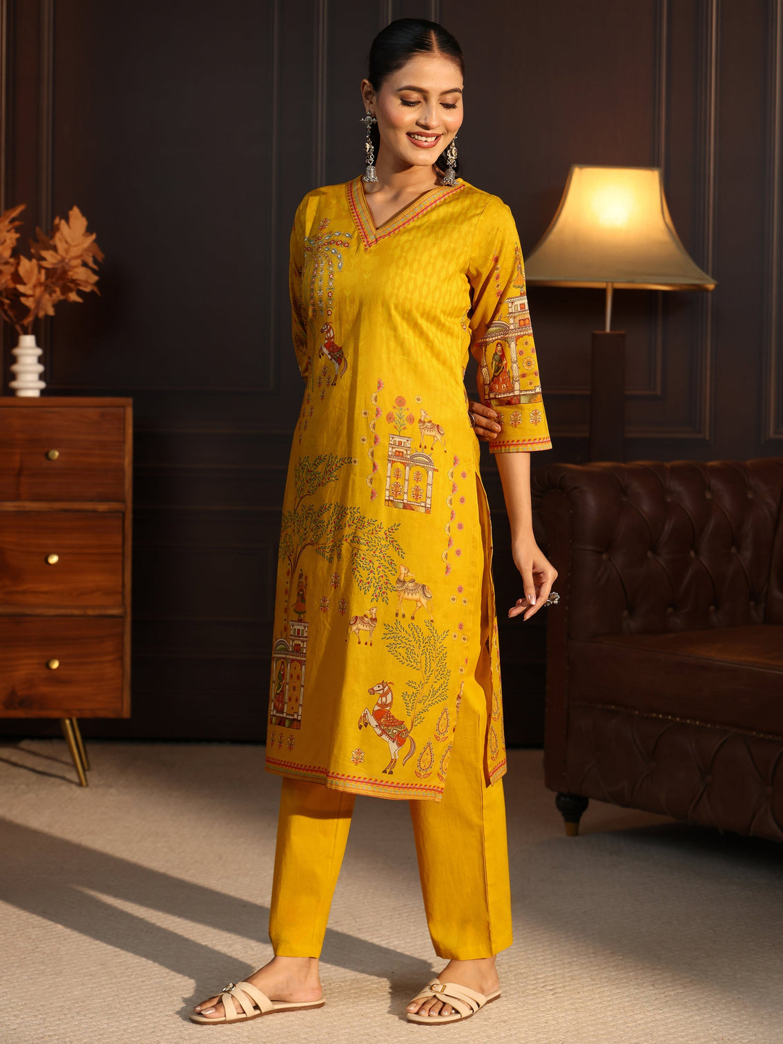 Mameraa Mustard Tribal Printed Cotton Straight Suit Set