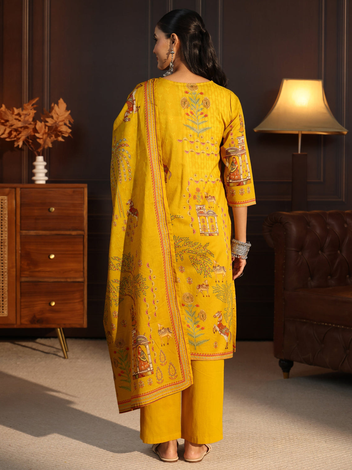 Mameraa Mustard Tribal Printed Cotton Straight Suit Set