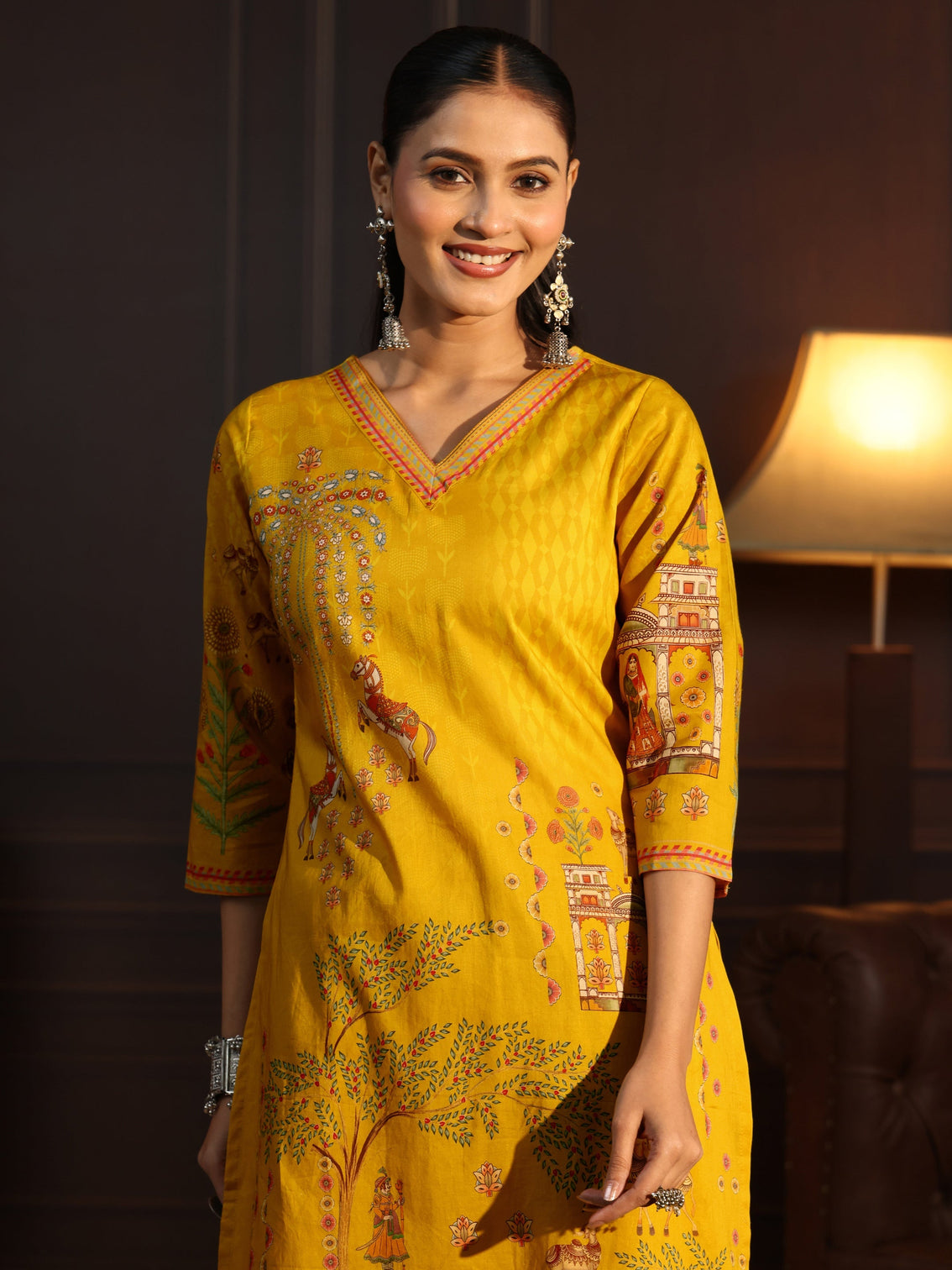Mameraa Mustard Tribal Printed Cotton Straight Suit Set