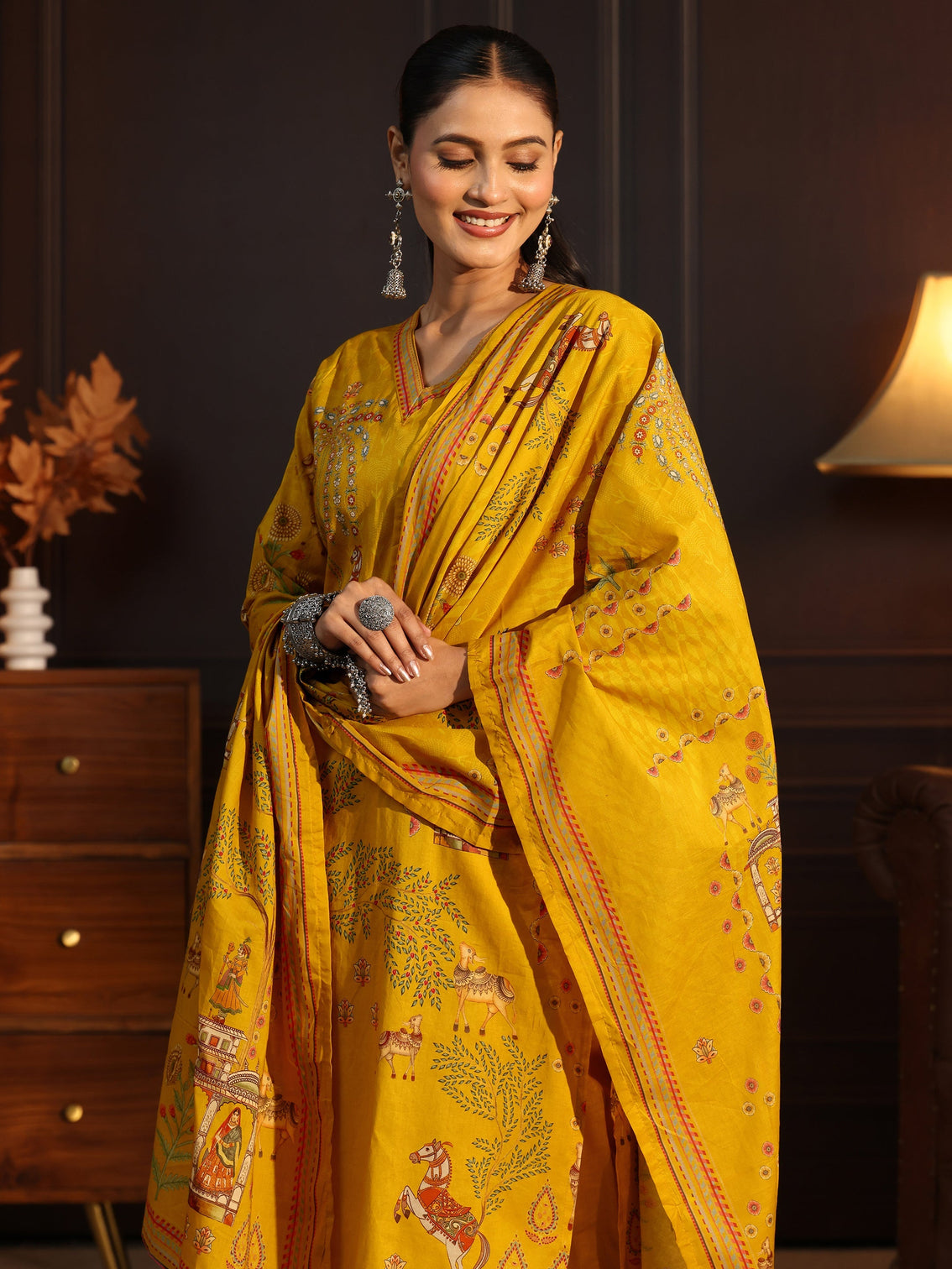 Mameraa Mustard Tribal Printed Cotton Straight Suit Set