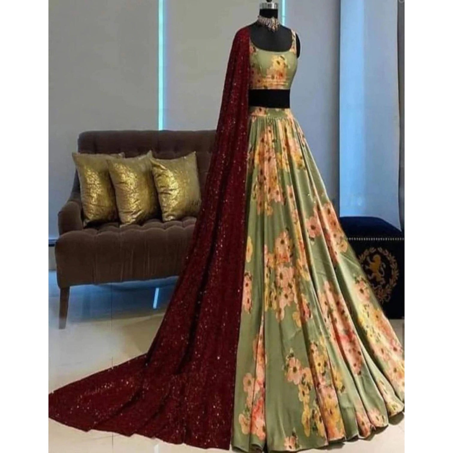 Green Colored Flower Printed Lehenga Choli for Wedding