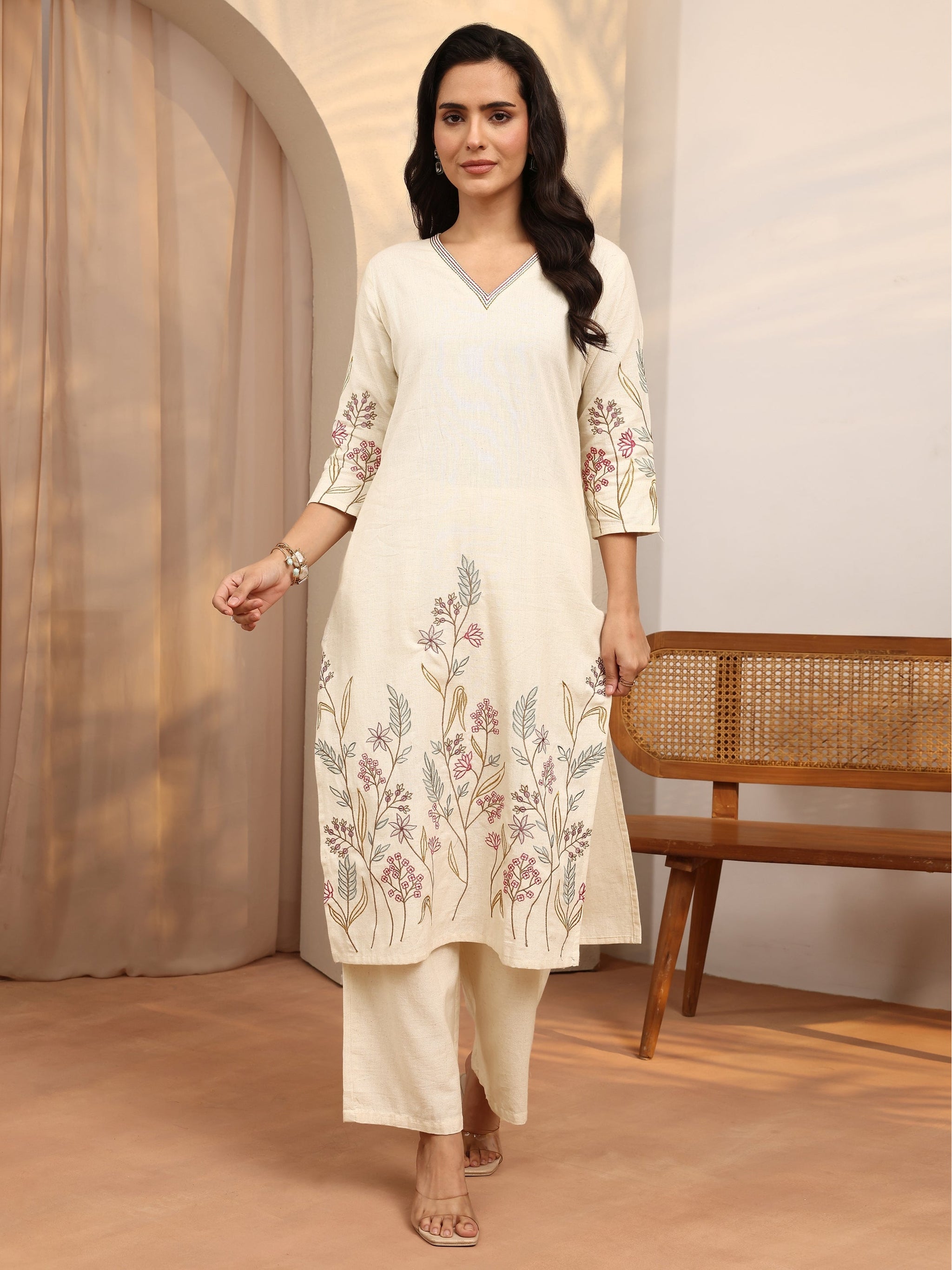 Libas Off White Embroidered Cotton Blend Straight Kurta Set