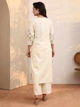 Libas Off White Embroidered Cotton Blend Straight Kurta Set