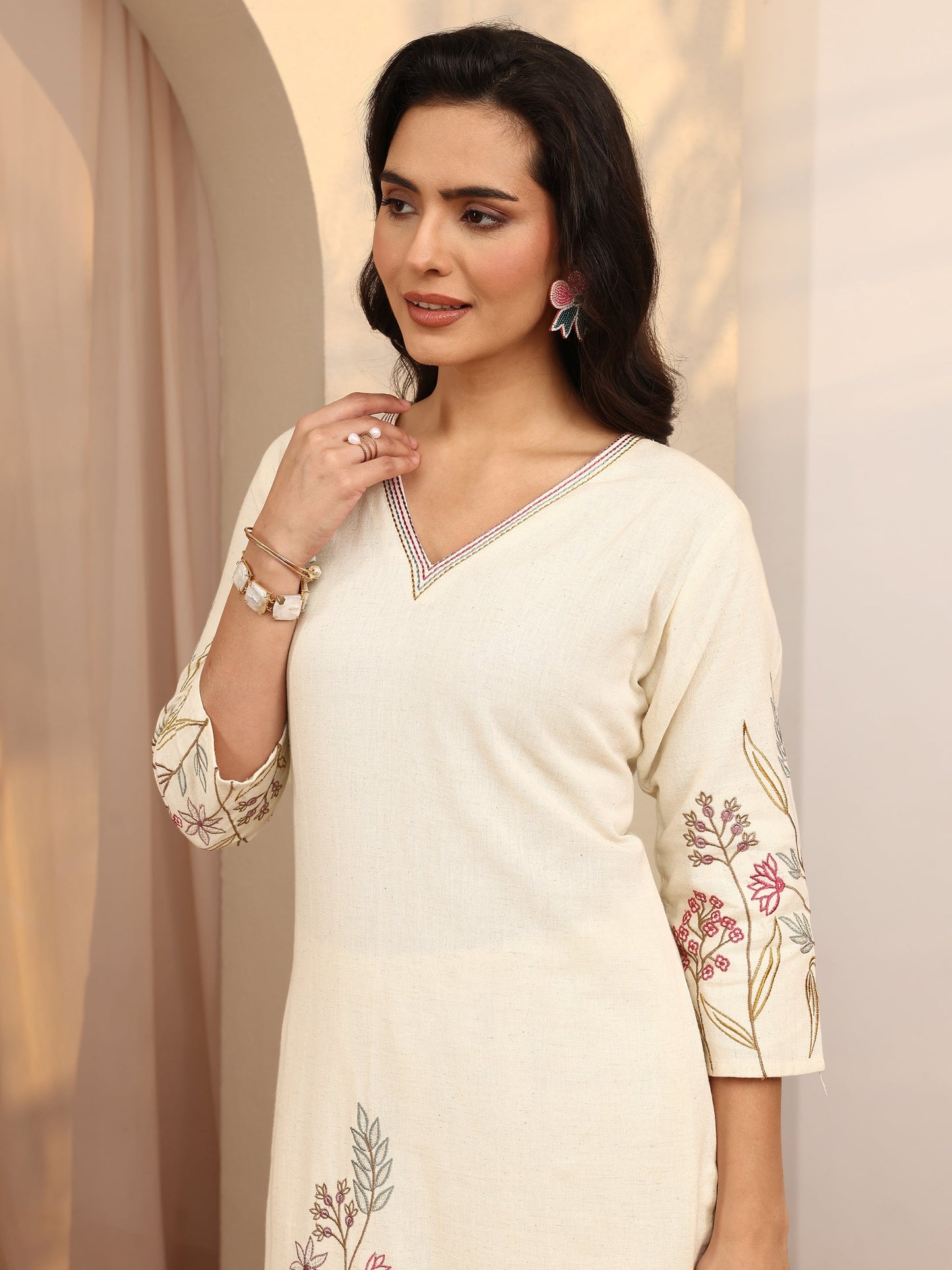Libas Off White Embroidered Cotton Blend Straight Kurta Set