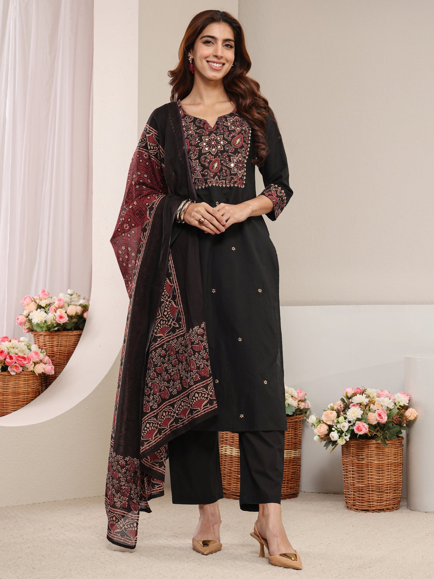 Libas Black Ethnic Printed Cotton Straight Suit Set with Dupatta