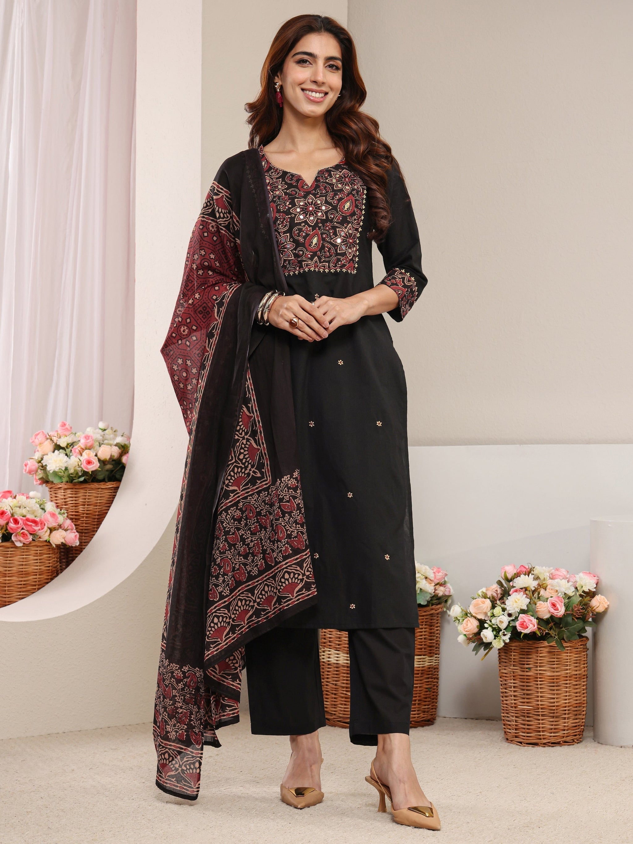 Libas Black Ethnic Printed Cotton Straight Suit Set with Dupatta