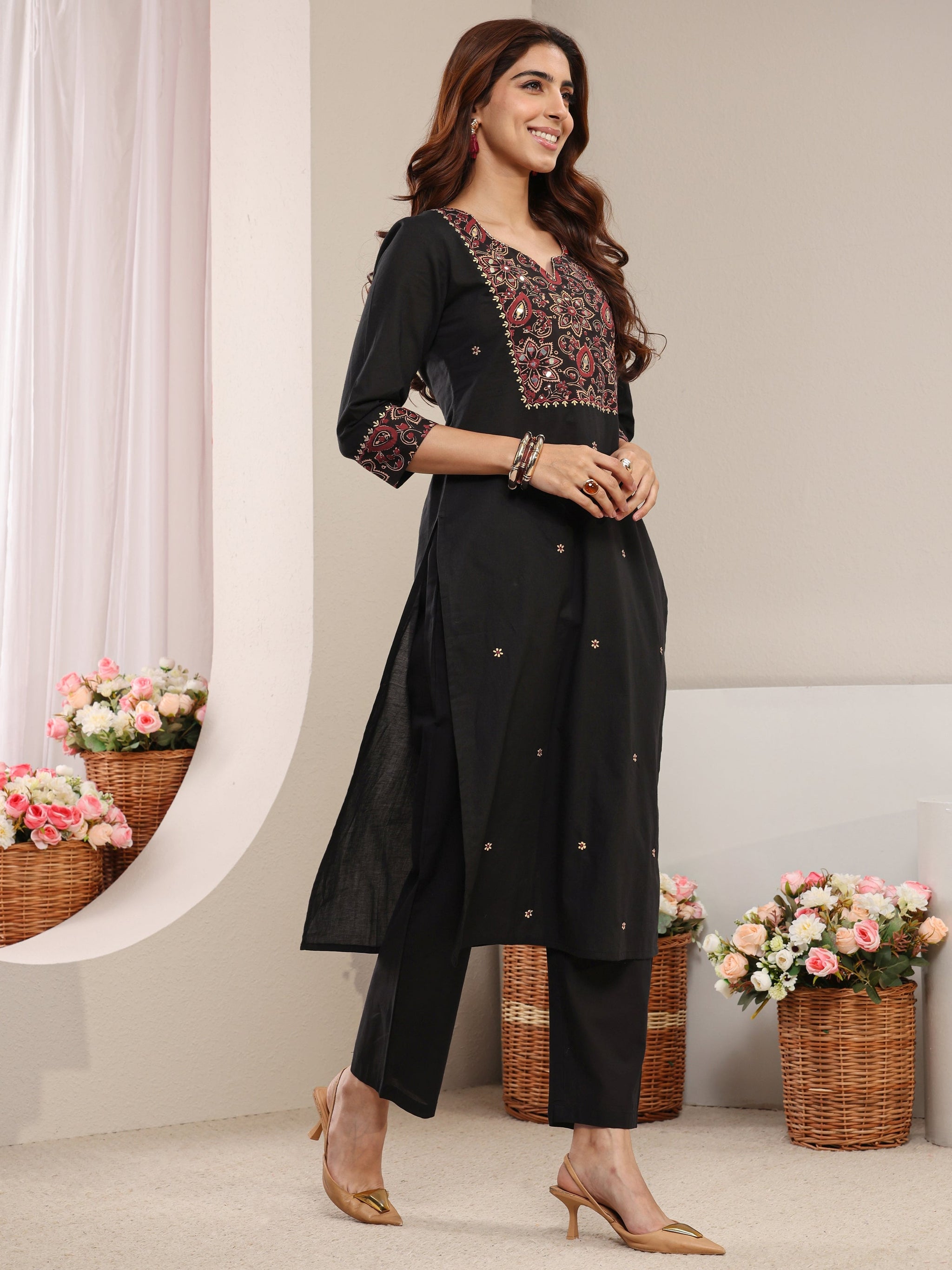 Libas Black Ethnic Printed Cotton Straight Suit Set with Dupatta