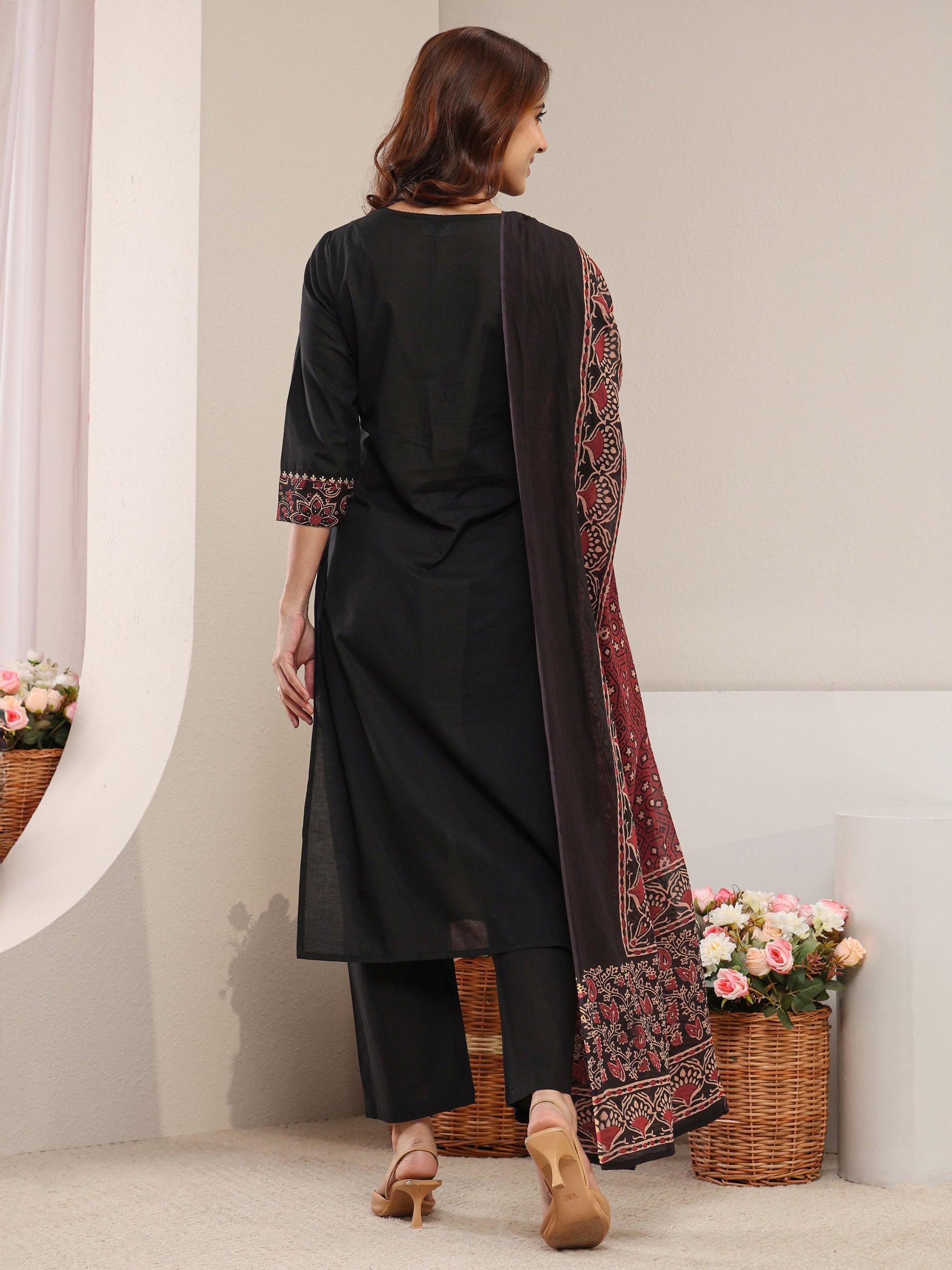 Libas Black Ethnic Printed Cotton Straight Suit Set with Dupatta